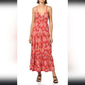 Angie Coral Floral V-Neck Tiered Maxi Dress